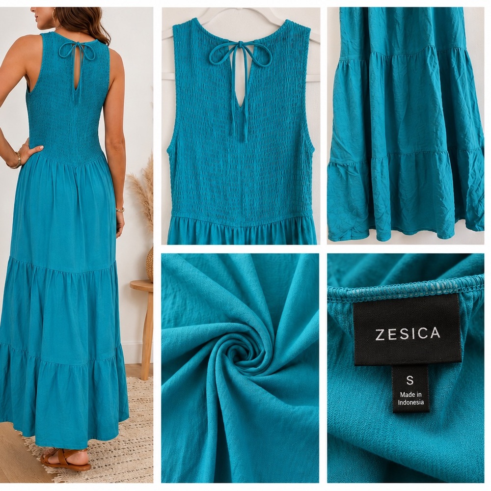 Zesica Women’s Sleeveless Teal Flowy Midi Dress with Smocked Bodice Small
